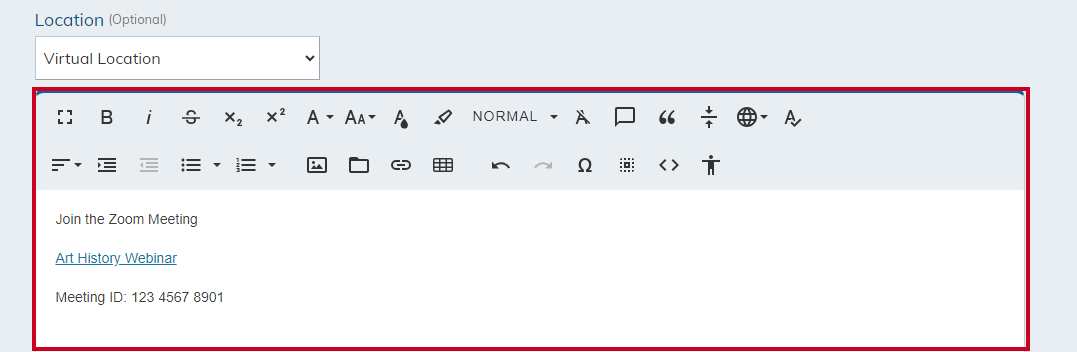 In the editor box, enter the event details