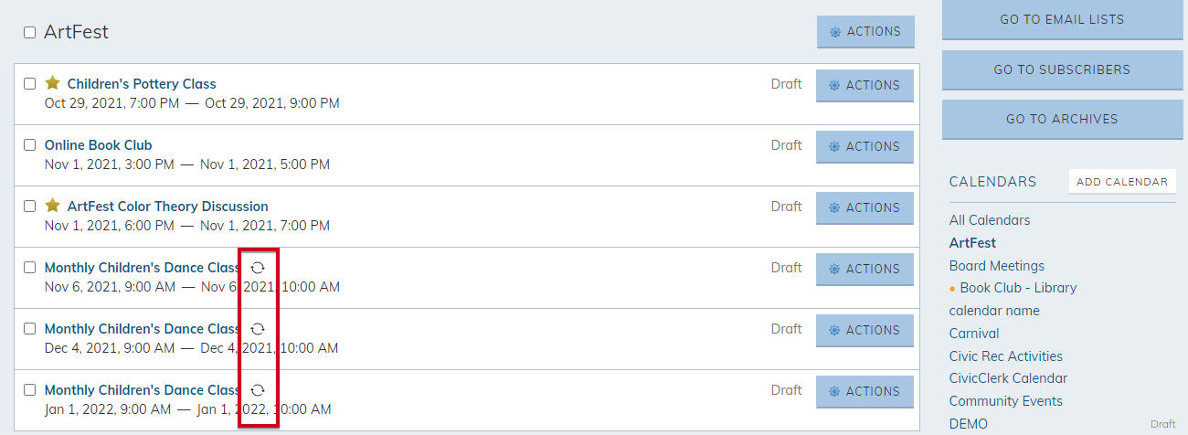 A highlight on the recurring events icons