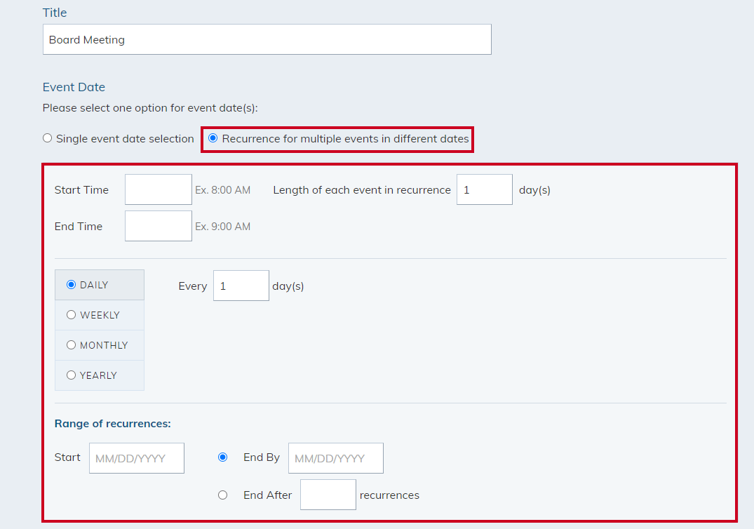 select Recurrence for multiple events on different dates