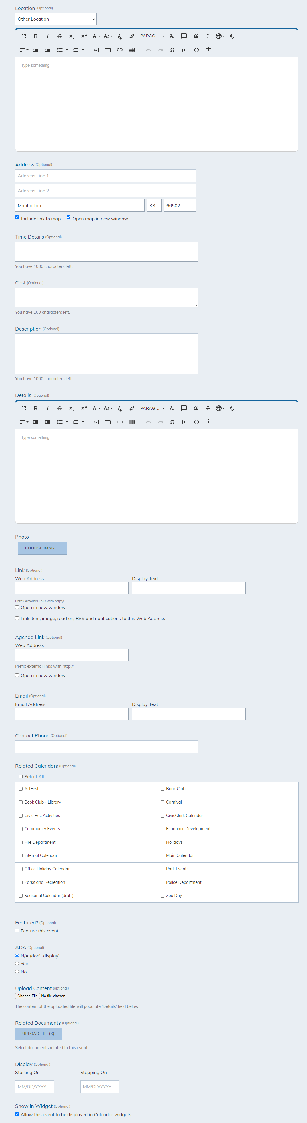 Fill in event details and physical address