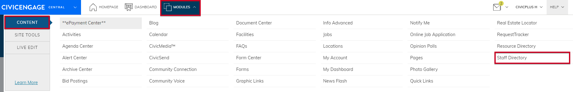 Navigate from Modules to Content to Staff Directory