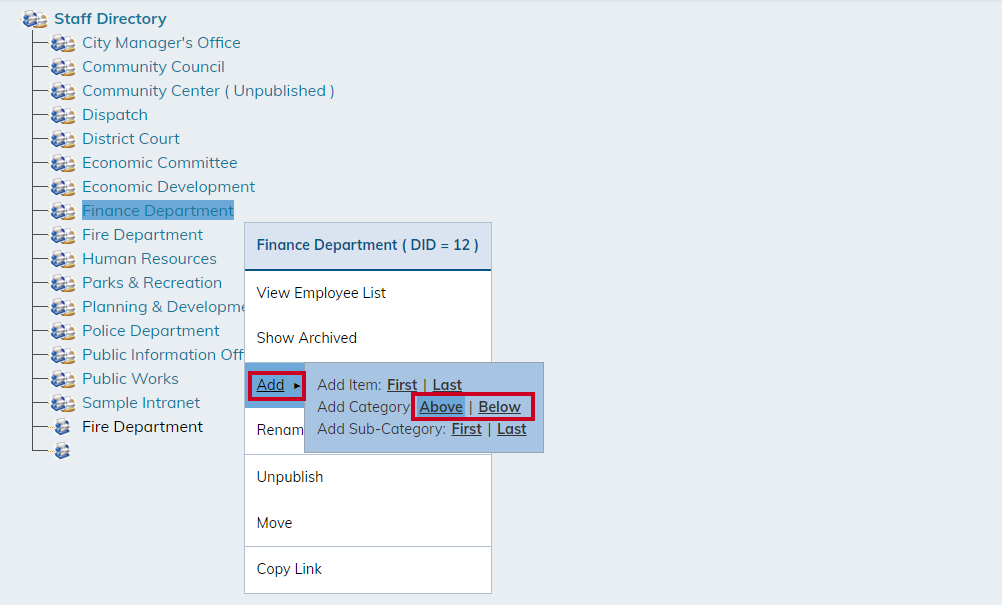 hover over the department and select add