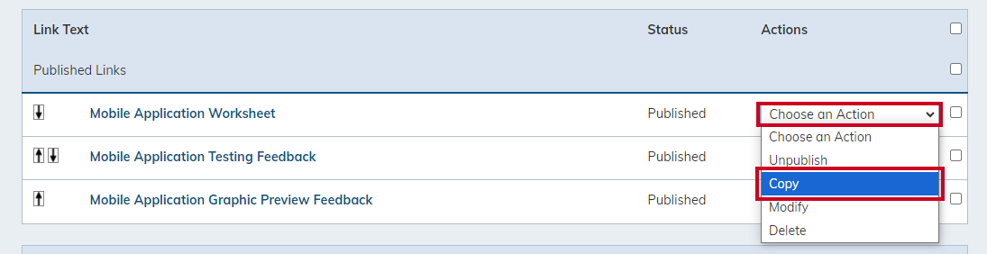 Choose action dropdown menu to select copy.