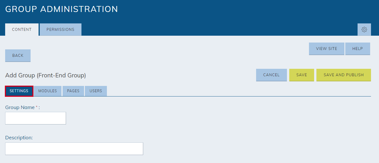 The tab labeled settings under the Add Group (Front-End Group) header.