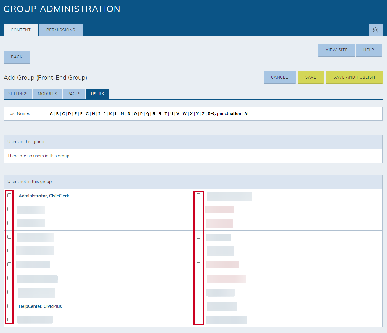 The check box to the left of user's name, in the table labeled Users not in this group.