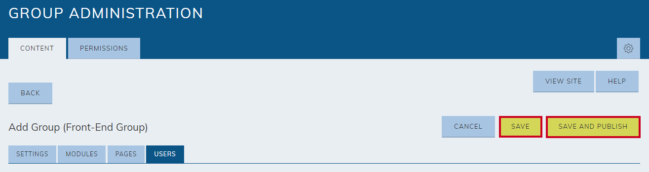 The Save or Save and Publish buttons near the top right corner, below the View Site and Help buttons.