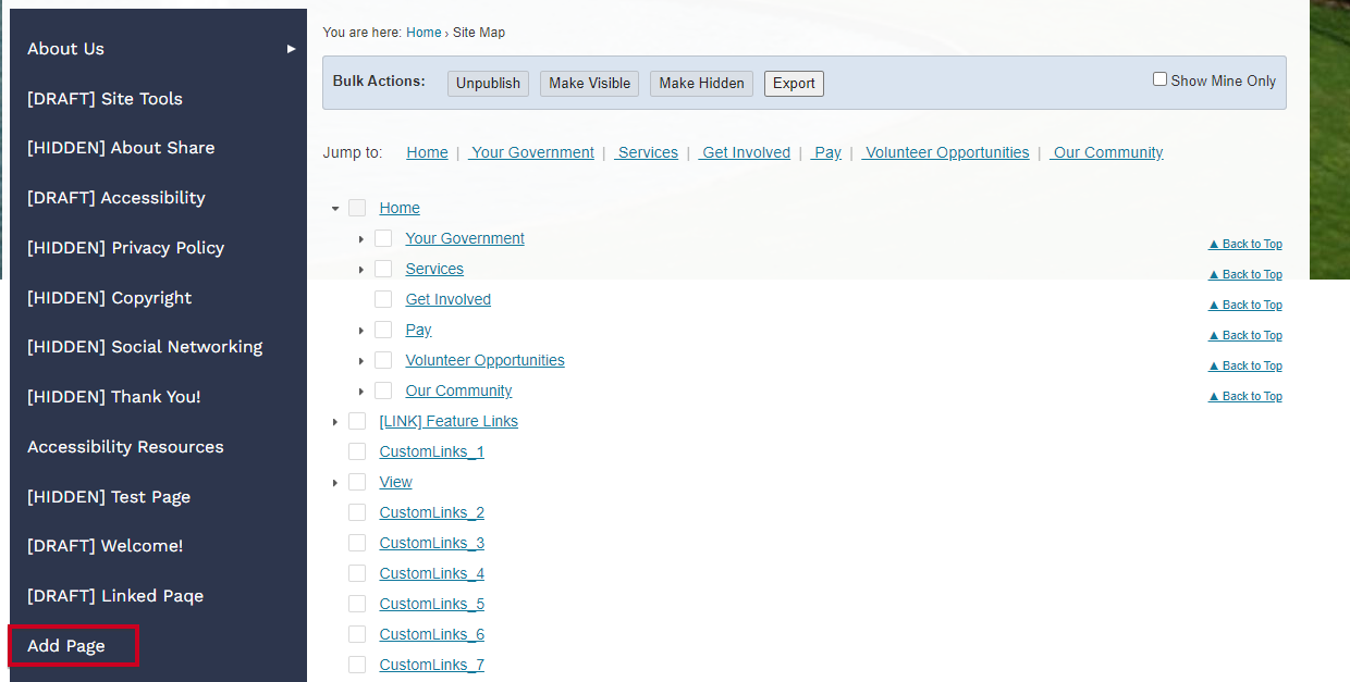 Add page in the left navigation menu