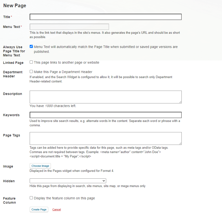 Fill in the New Page fields