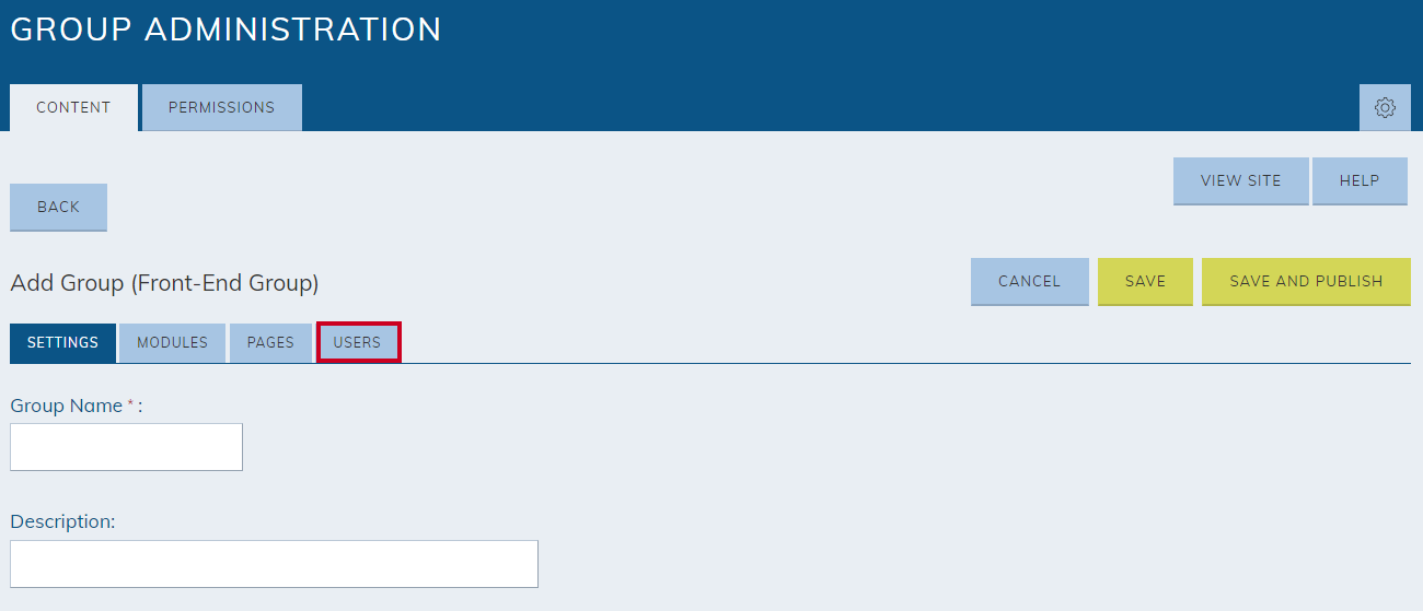 The tab labeled Users, to the right of the Pages tab, under the Add Group (Front-End Group) header.