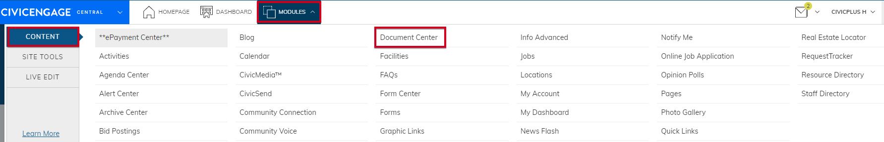 Navigate from Modules to Content then to Document Center