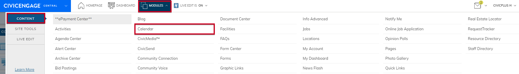 Navigate from Modules to Content and then Calendar