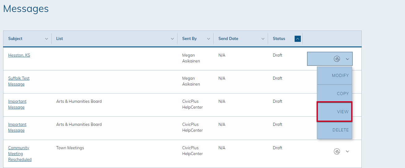 select view from the actions drop down