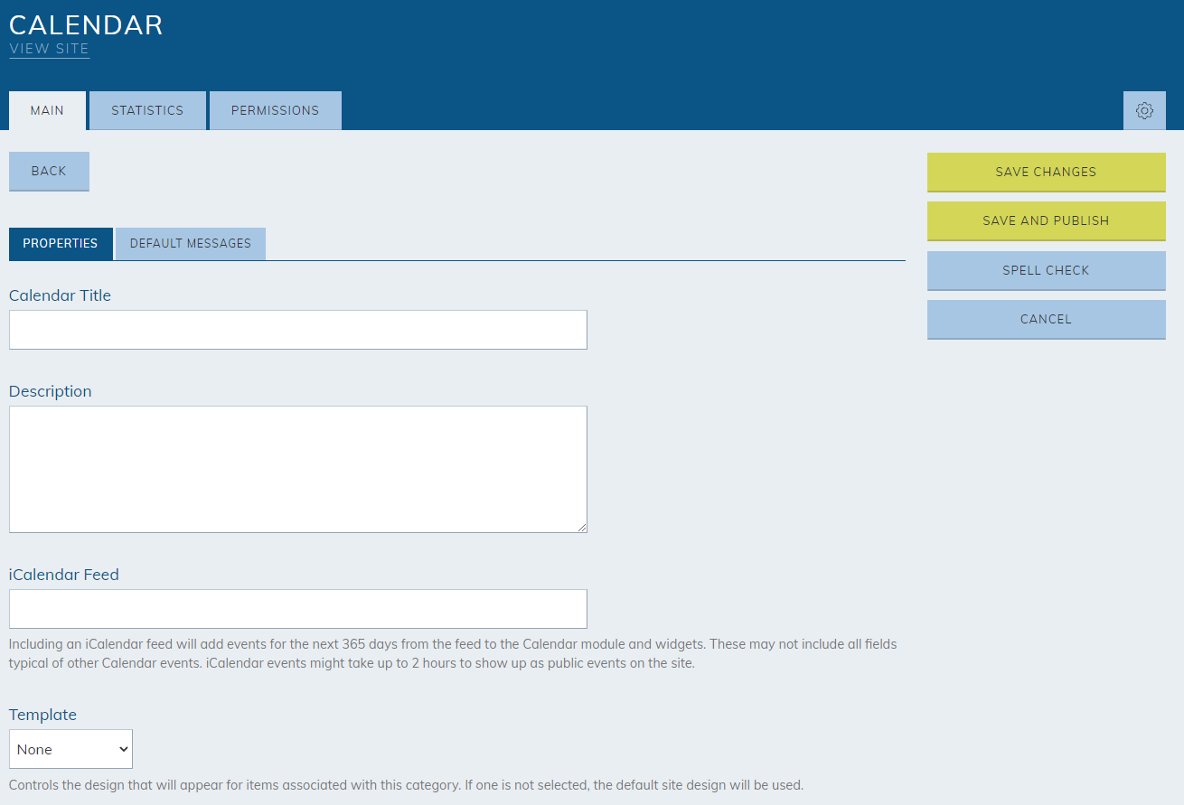 fill in information fields for Calendar, Description, iCalendar Feed, Template