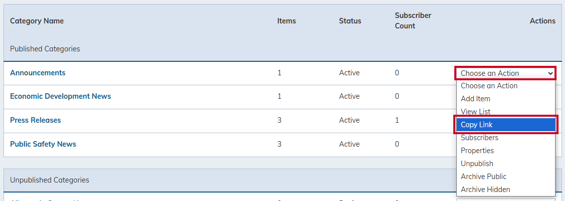 news flash category actions copy link button