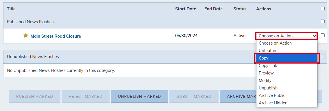 News Flash item, Choose an Action, then Copy