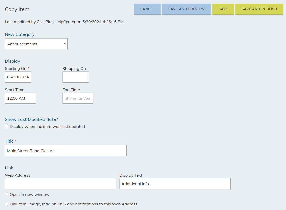On the Copied Item modify any item fields for New Category, Display, Title