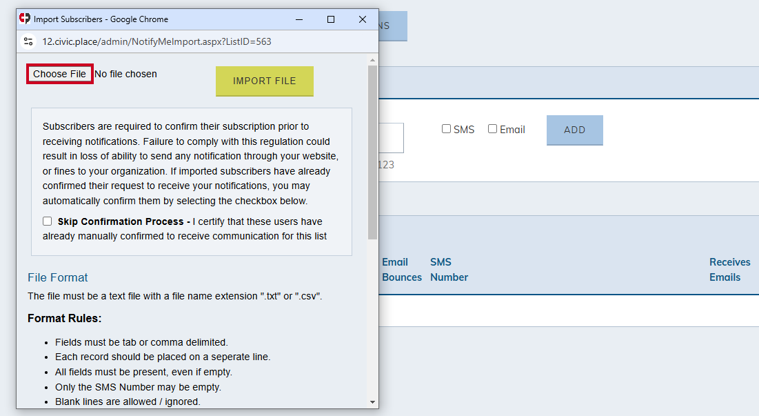 Choose a File in the Import Subscriptions pop-up window