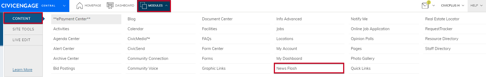 Navigate from Modules to Content to News Flash
