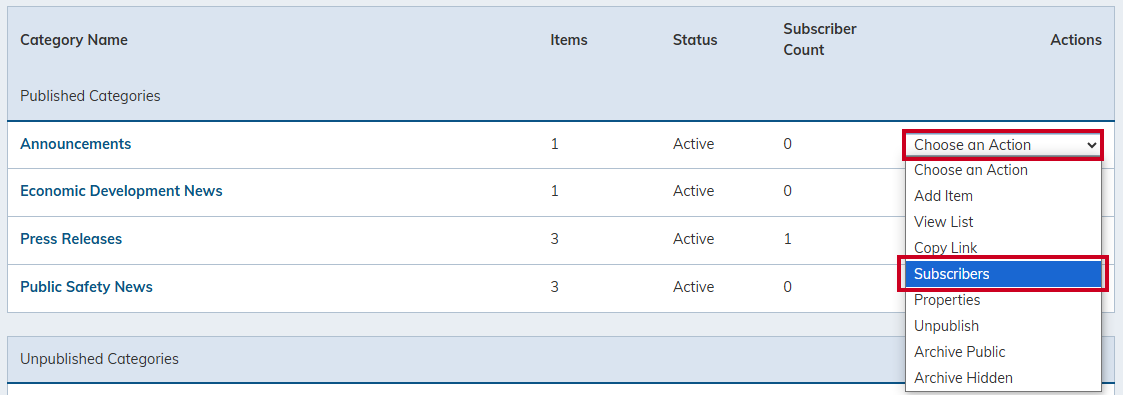 News Flash category Choose an Action select Subscribers