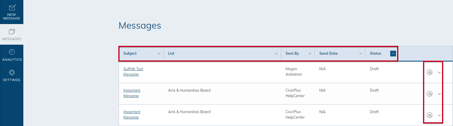 CivicSend_Messages_display_page_and_sort_bar.png