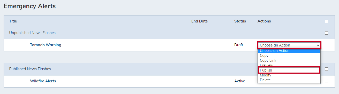 Select an action to publish.