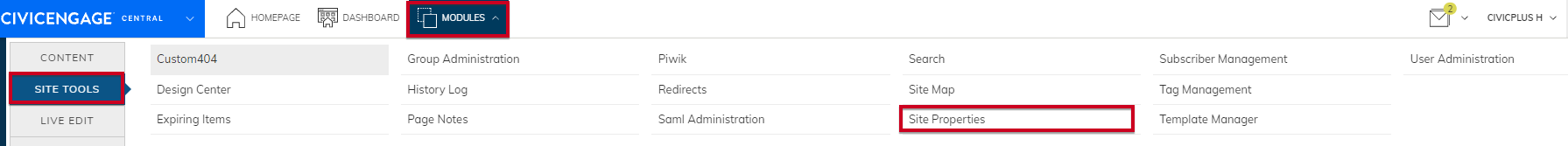 Navigate from Modules to Site Tools to Site Properties