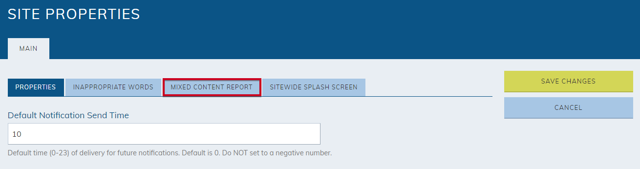 Site Properties Mixed Content Report tab