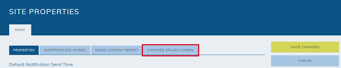 Sitewide splash screen tab