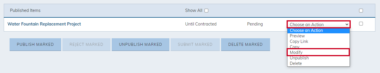 Modify on the Choose an Action menu.