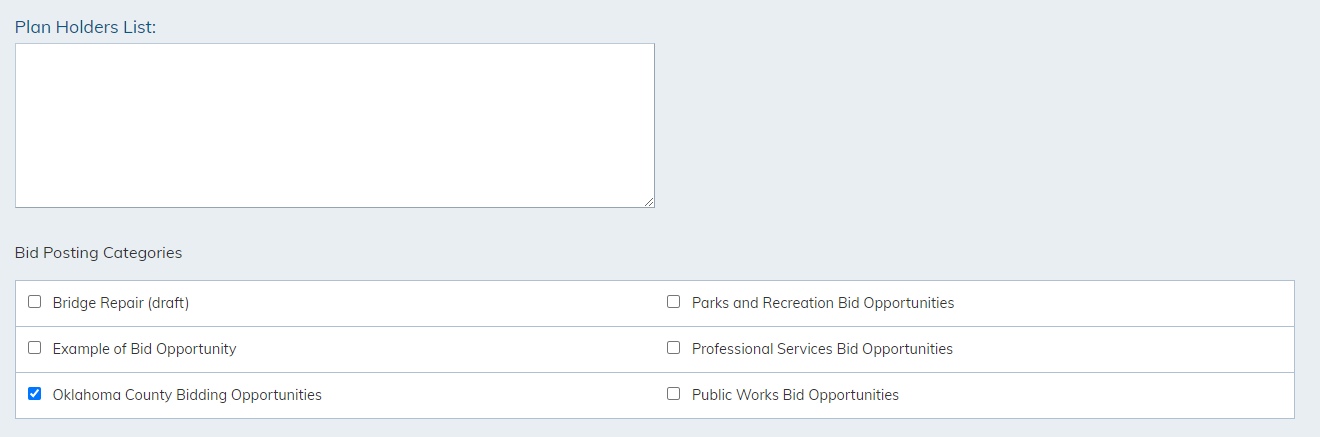 Make modifications to the Plan Holders List, Bid Posting Categories fields