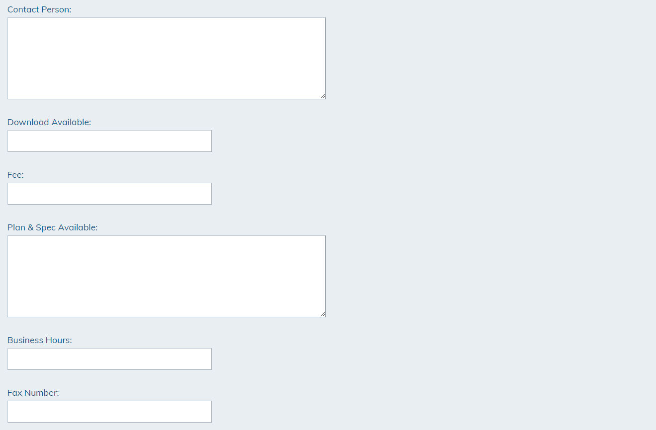 Make_modifications to Contact Person, Download Available, Fee, Plan and Spec Available, Business Hours, Fax Numbers