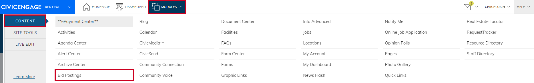 Navigate from Modules to Content then to Bid Postings