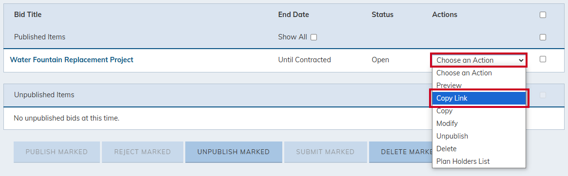 Choose an Action then copy link.