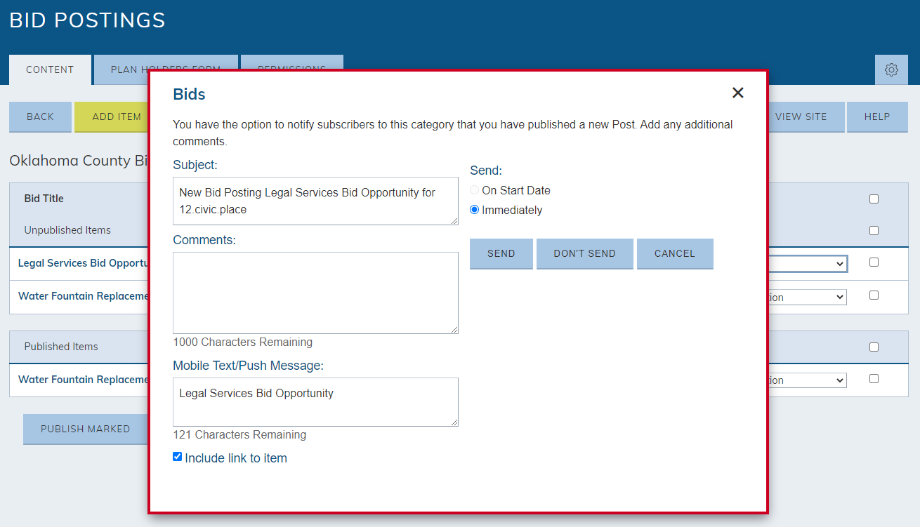 Bids notification window.