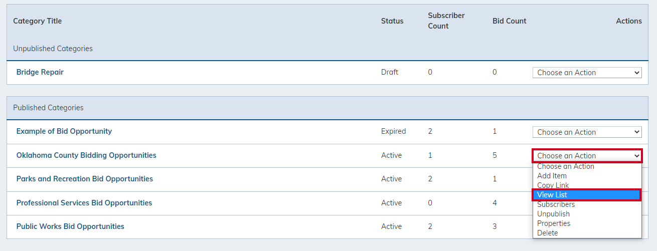 Choose an action, view list
