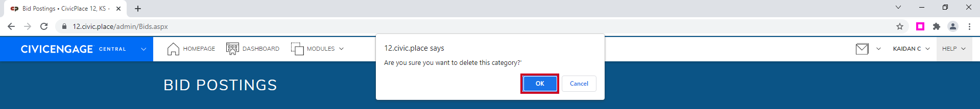 Pop-up window to confirm deletion