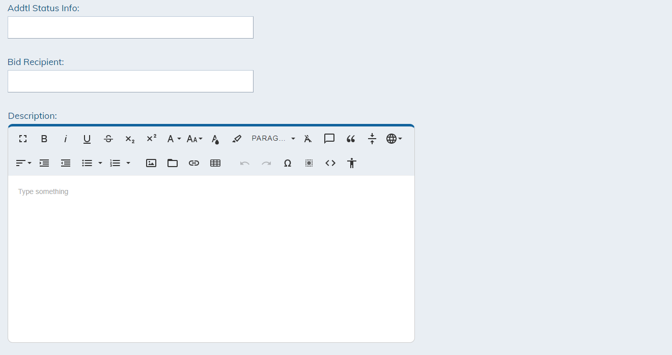 The Additional Status Info, Bid Recipient, and Description fields in the Bid Details tab.