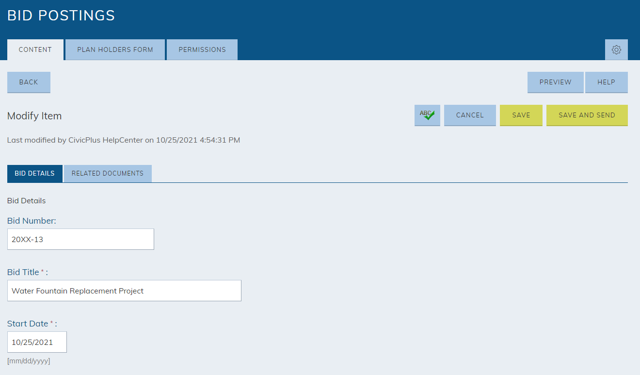 The Bid Number, Bid Title, and Start Date fields in the Bid Details tab.