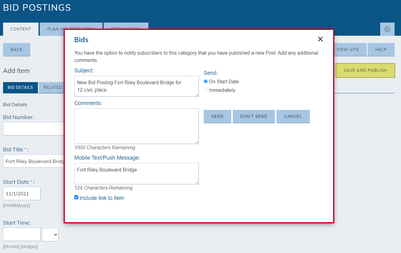 Web Central Bids Module Add Item Save and Publish Notifications Dialog Window.