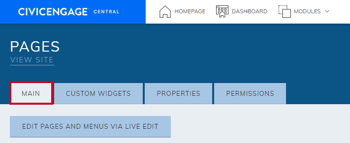 The tab labeled Main at the top of the page, beneath the Pages header.