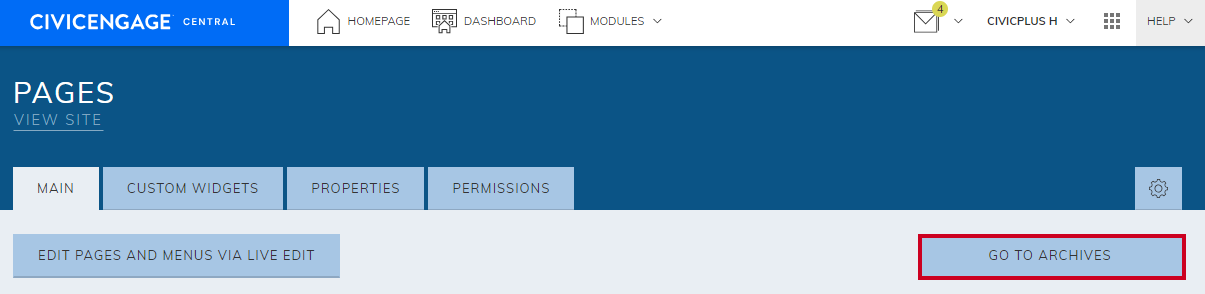 The button labeled Go To Archives in the top right corner beneath the gear icon.