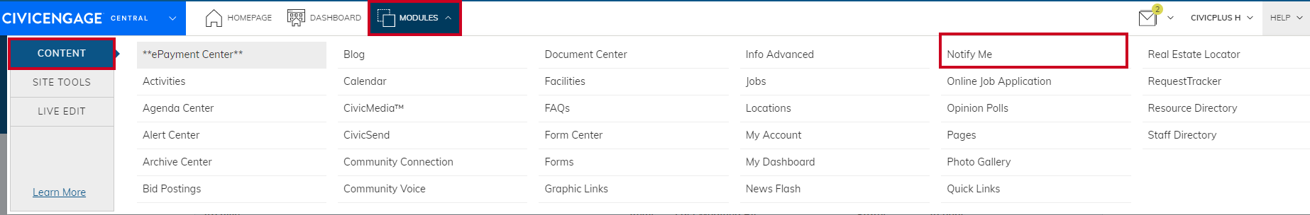 Navigate from Modules to Content then to Notify Me