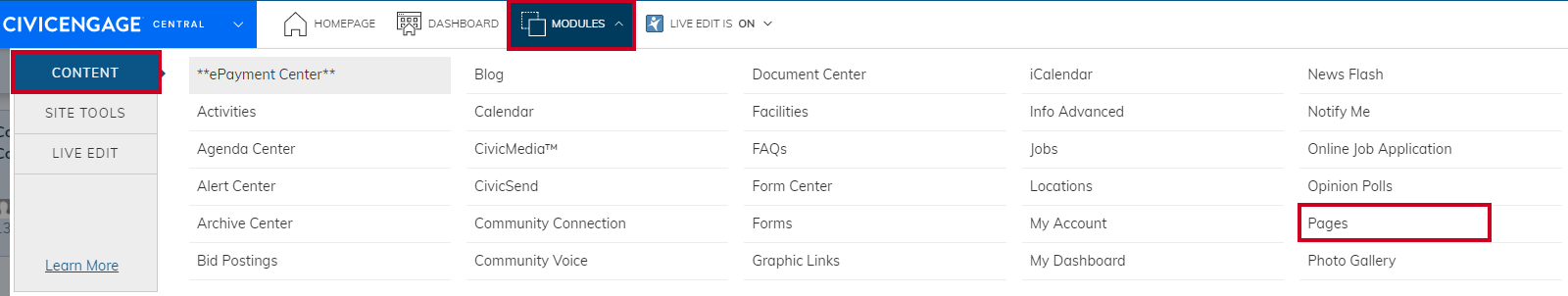 The Modules menu at the top of the page, to the right of the Live Edit button, then the Content tab in the left-hand navigation, then the Pages option.