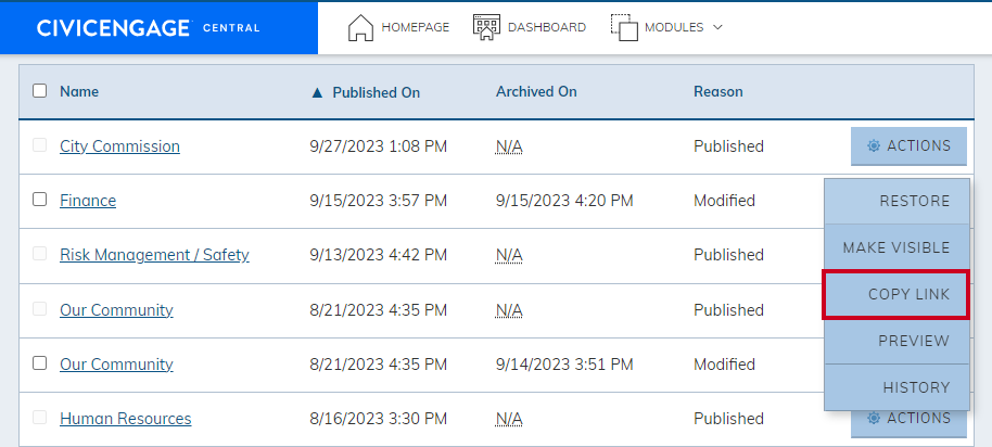 The button labeled Copy Link, beneath the Restore and Make Hidden buttons in the expanded action menu.