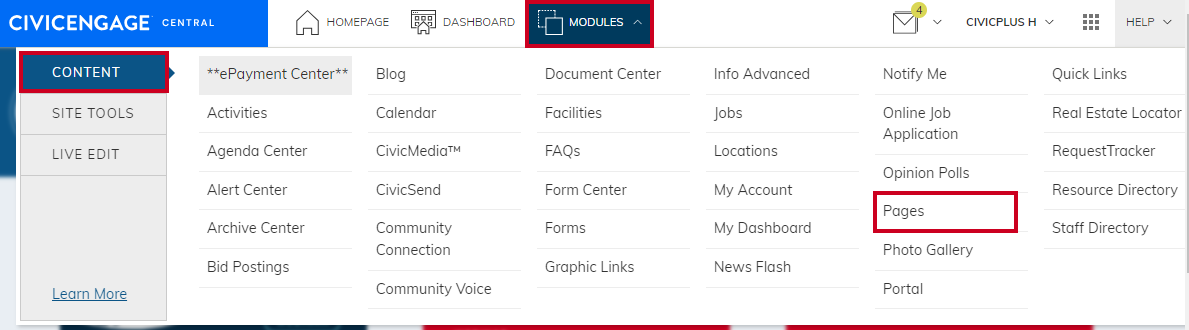 The Modules menu at the top of the page, then the Content tab on the left-hand side of the page, then the Pages option in the alphabetical list.