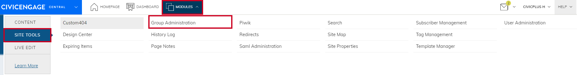 Navigate form Modules to Site Tools to Group Administration
