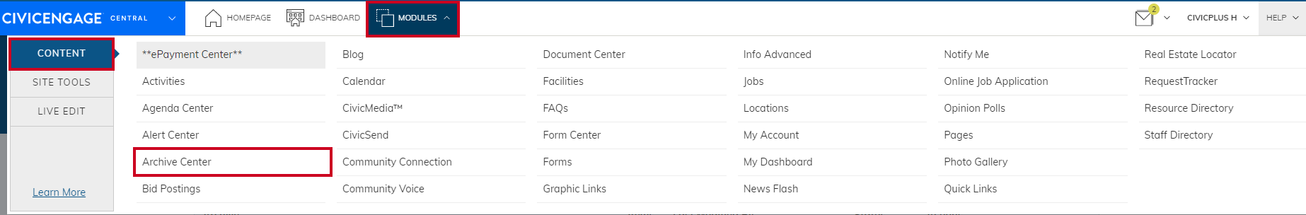 Navigate from Modules to Content then to Archive Center