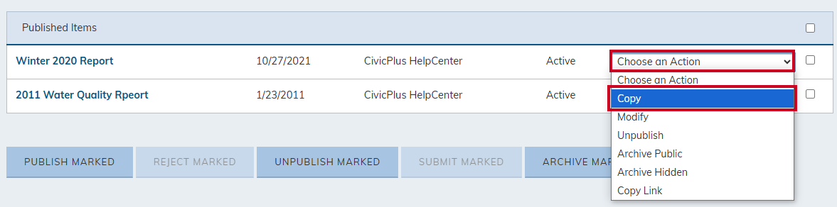 choose an action copy