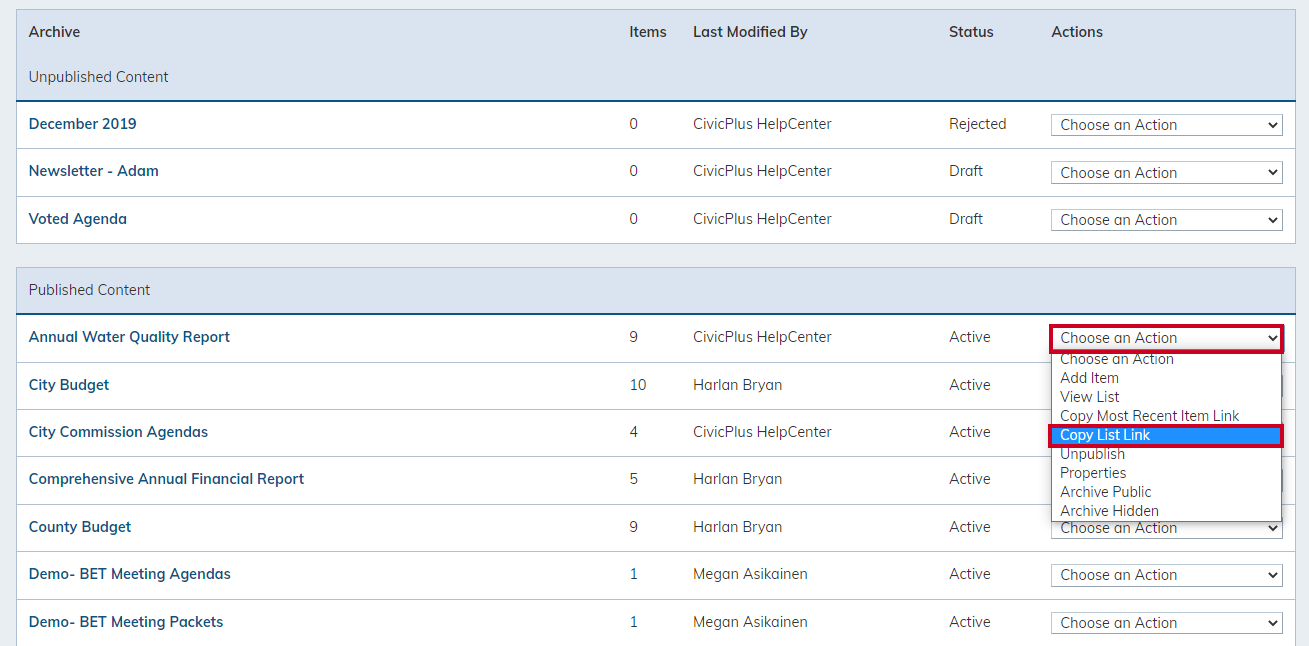 Choose an action, copy list link.