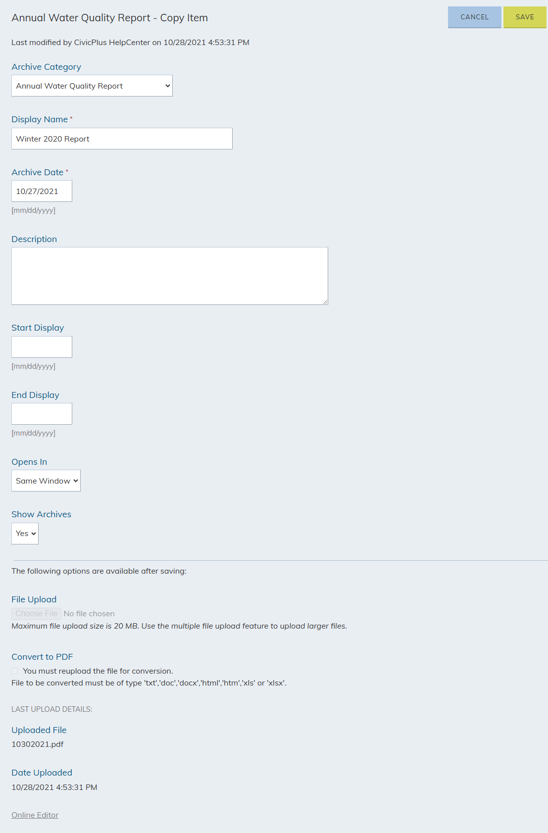 Modify fields for Archive Category, Display Name, Archive Date or Description
